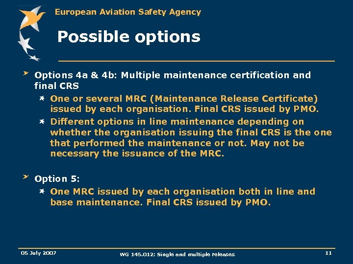 European Aviation Safety Agency Possible options Options 4 a & 4 b: Multiple maintenance