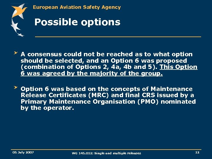 European Aviation Safety Agency Possible options A consensus could not be reached as to