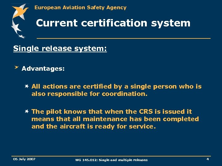 European Aviation Safety Agency Current certification system Single release system: Advantages: All actions are