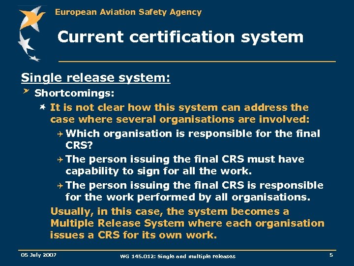 European Aviation Safety Agency Current certification system Single release system: Shortcomings: It is not