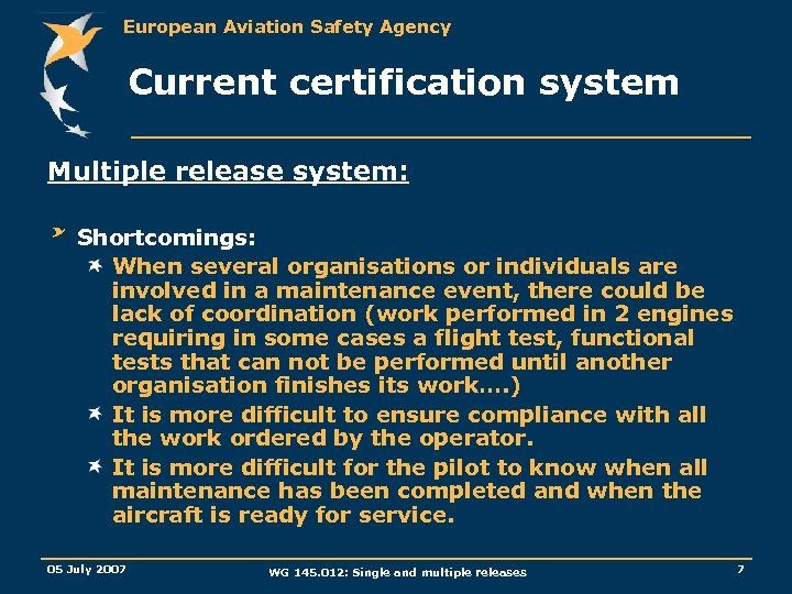 European Aviation Safety Agency Current certification system Multiple release system: Shortcomings: When several organisations