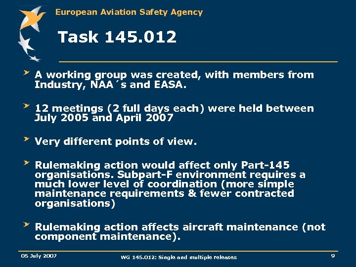 European Aviation Safety Agency Task 145. 012 A working group was created, with members