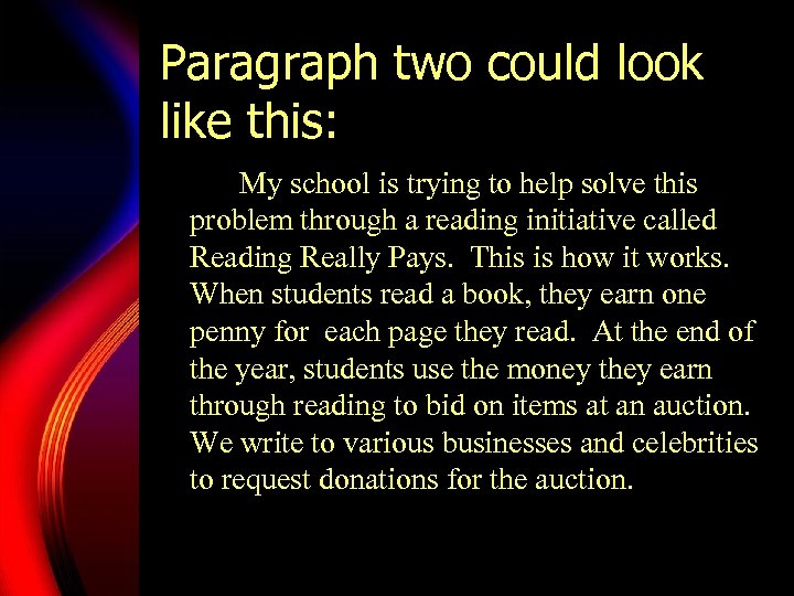 Paragraph two could look like this: My school is trying to help solve this