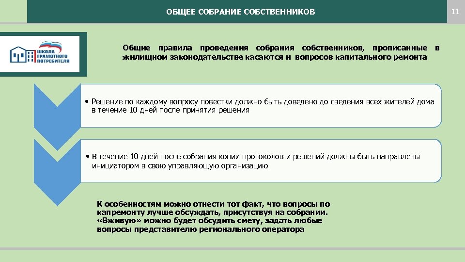 11 ОБЩЕЕ СОБРАНИЕ СОБСТВЕННИКОВ Общие правила проведения собрания собственников, прописанные жилищном законодательстве касаются и