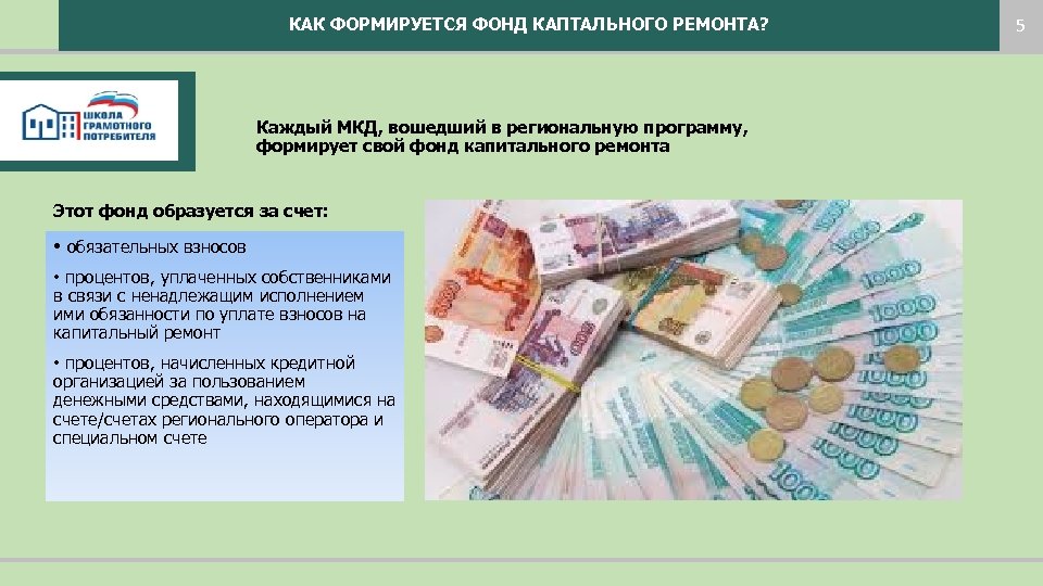 КАК ФОРМИРУЕТСЯ ФОНД КАПТАЛЬНОГО РЕМОНТА? Каждый МКД, вошедший в региональную программу, формирует свой фонд
