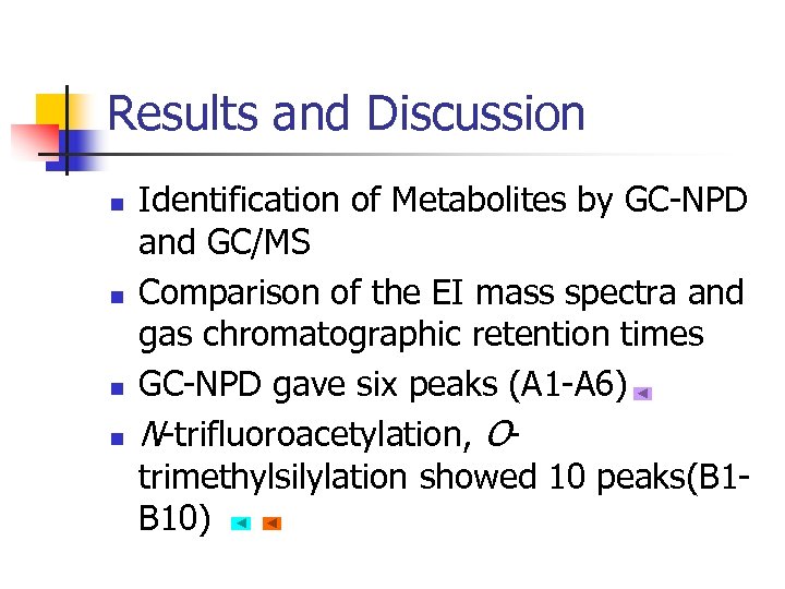 Results and Discussion n n Identification of Metabolites by GC-NPD and GC/MS Comparison of