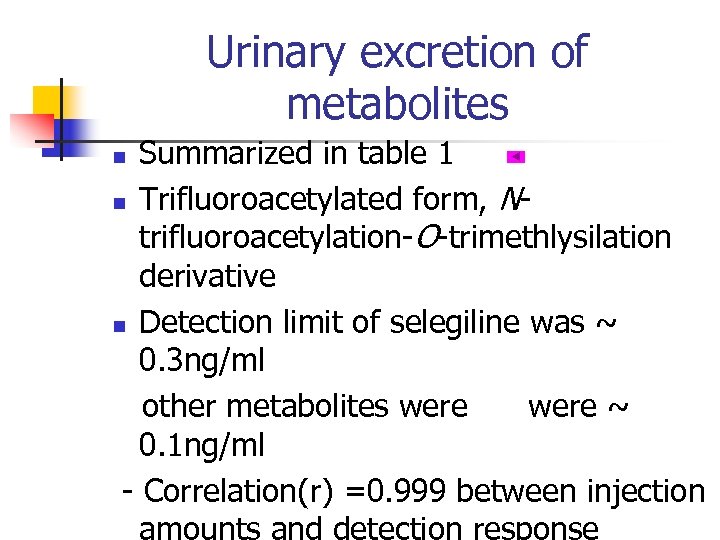 Urinary excretion of metabolites Summarized in table 1 n Trifluoroacetylated form, Ntrifluoroacetylation-O-trimethlysilation derivative n