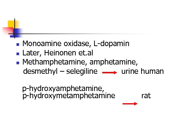 n n n Monoamine oxidase, L-dopamin Later, Heinonen et. al Methamphetamine, desmethyl – selegiline