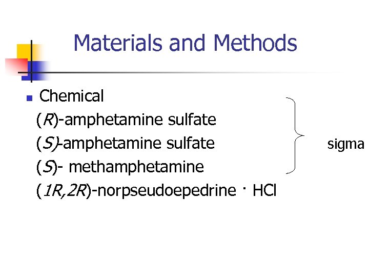 Materials and Methods n Chemical (R)-amphetamine sulfate (S)- methamphetamine (1 R, 2 R)-norpseudoepedrine ·
