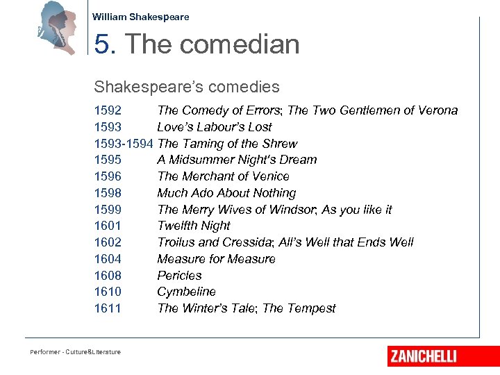 William Shakespeare 5. The comedian Shakespeare’s comedies 1592 The Comedy of Errors; The Two