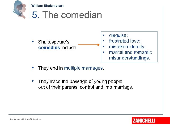 William Shakespeare 5. The comedian • Shakespeare’s comedies include • • disguise; frustrated love;