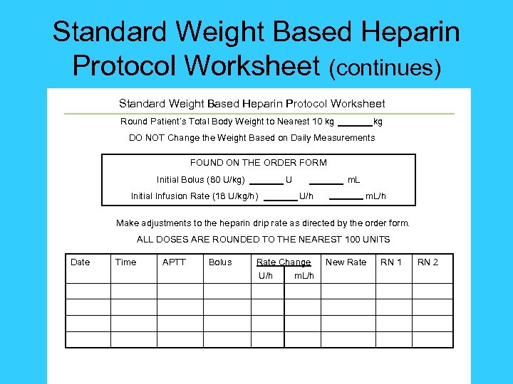 Standard Weight Based Heparin Protocol Worksheet (continues) Standard Weight Based Heparin Protocol Worksheet Round