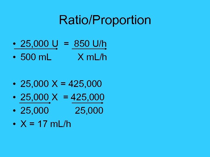 Ratio/Proportion • 25, 000 U = 850 U/h • 500 m. L X m.