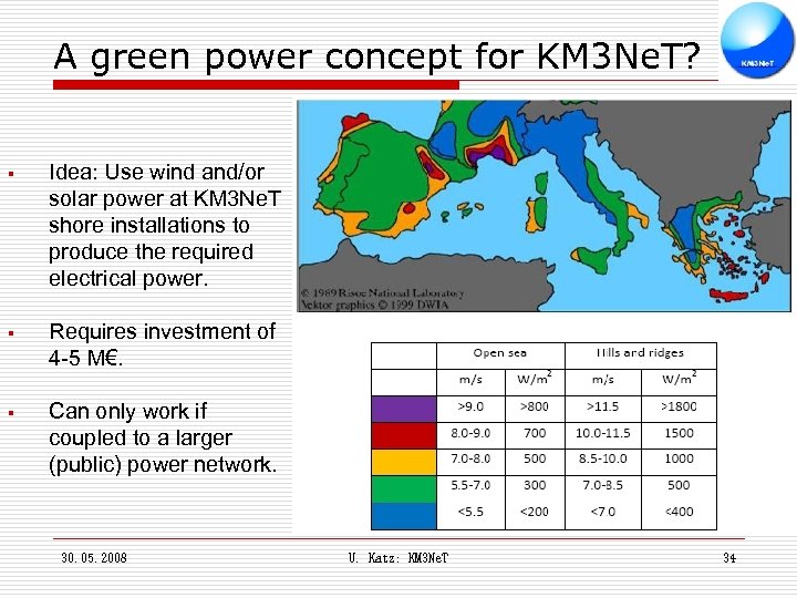 A green power concept for KM 3 Ne. T? § Idea: Use wind and/or