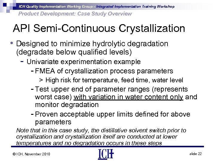 ICH Quality Implementation Working Group - Integrated Implementation Training Workshop Product Development: Case Study