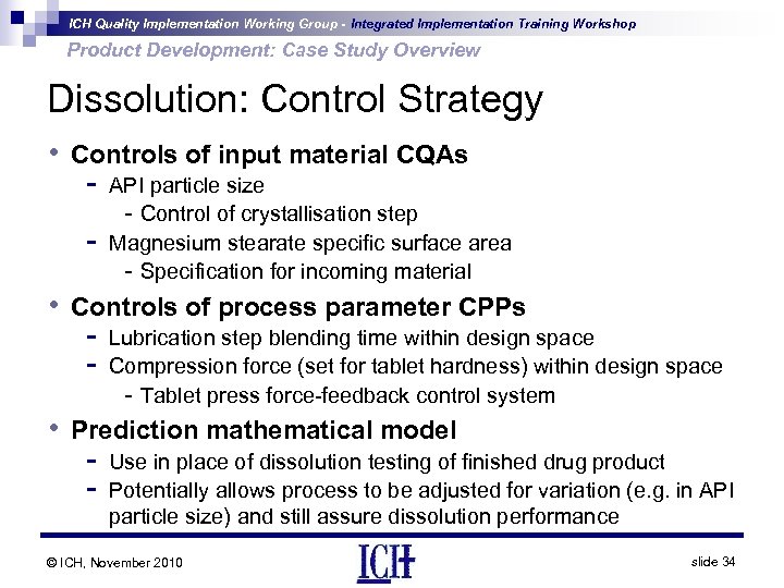 ICH Quality Implementation Working Group - Integrated Implementation Training Workshop Product Development: Case Study