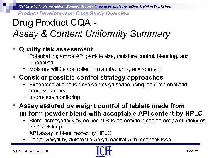 ICH Quality Implementation Working Group - Integrated Implementation Training Workshop Product Development: Case Study