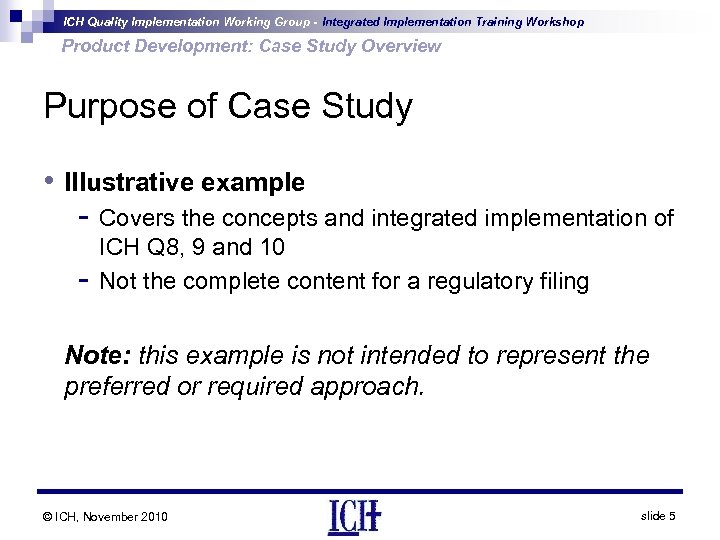 ICH Quality Implementation Working Group - Integrated Implementation Training Workshop Product Development: Case Study