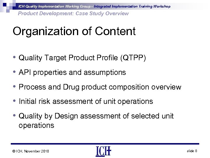 ICH Quality Implementation Working Group - Integrated Implementation Training Workshop Product Development: Case Study