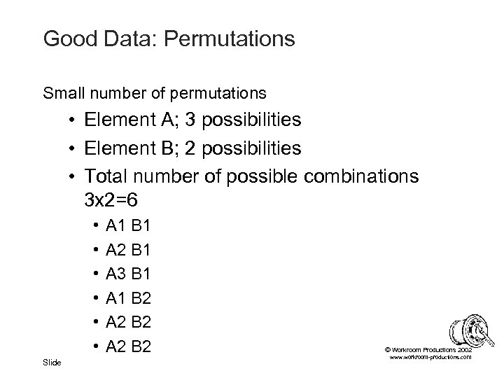 Good Data: Permutations Small number of permutations • Element A; 3 possibilities • Element