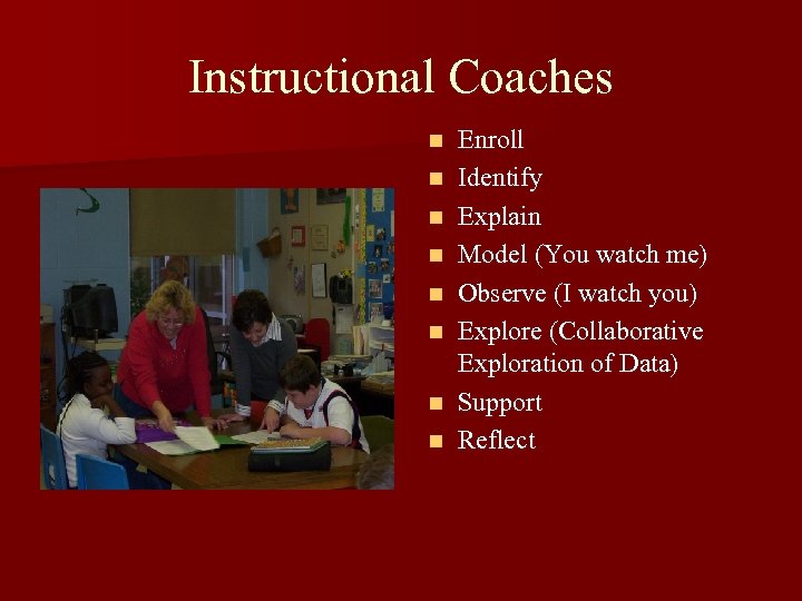 Instructional Coaches n n n n Enroll Identify Explain Model (You watch me) Observe