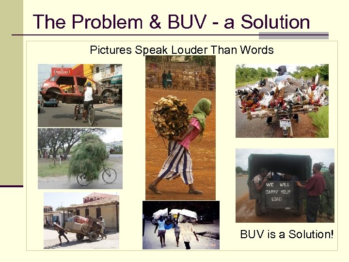 The Problem & BUV - a Solution Pictures Speak Louder Than Words BUV is