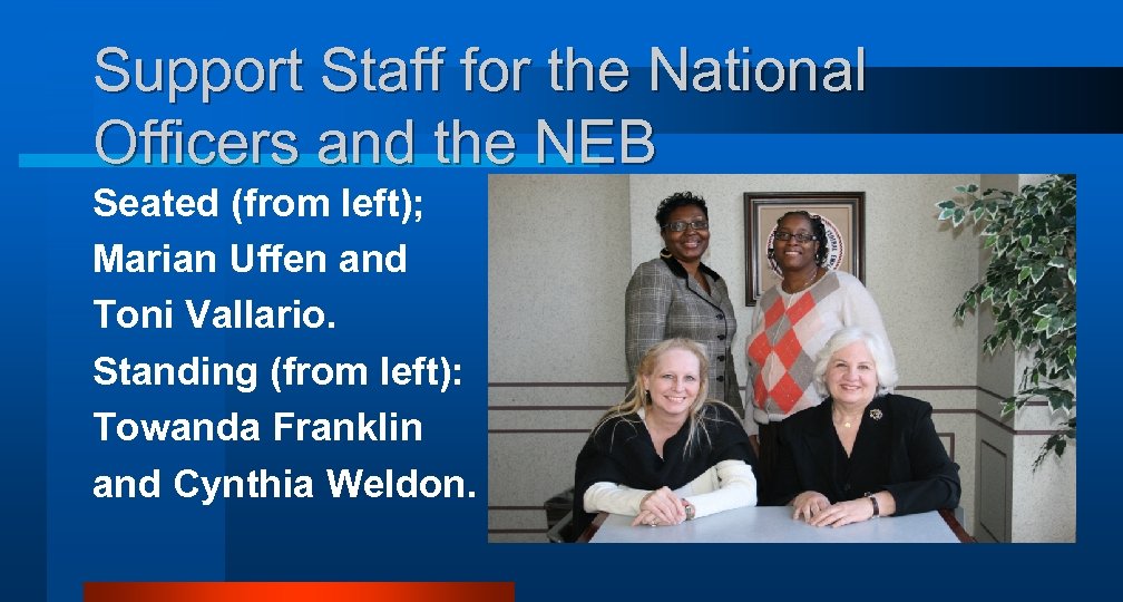 Support Staff for the National Officers and the NEB Seated (from left); Marian Uffen