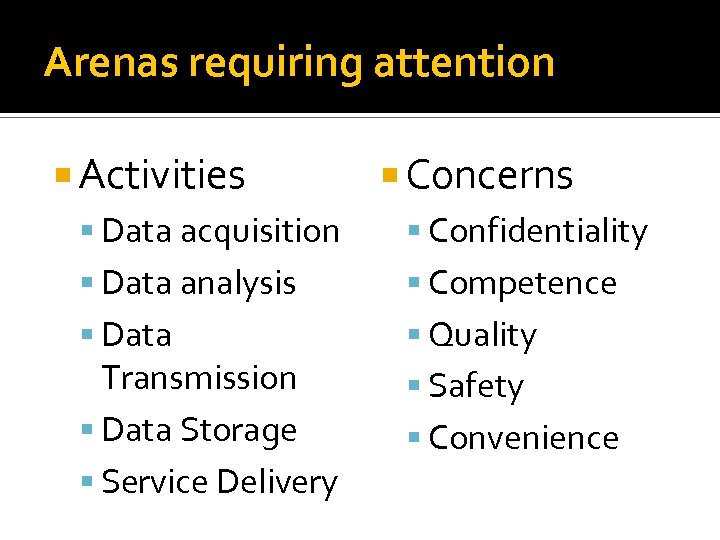 Arenas requiring attention Activities Concerns Data acquisition Confidentiality Data analysis Competence Data Quality Transmission