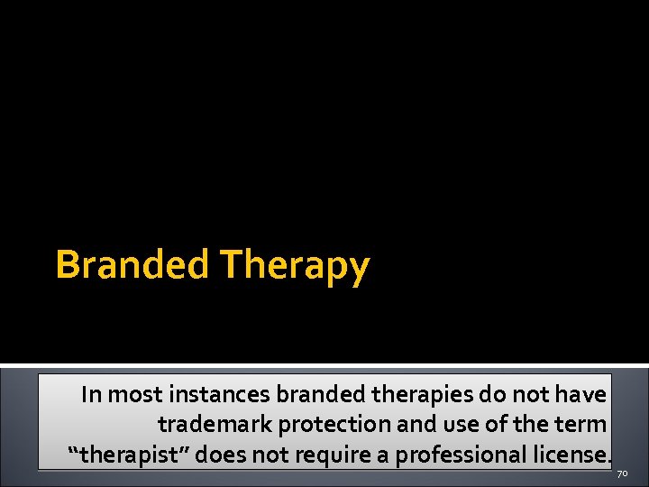 Branded Therapy In most instances branded therapies do not have trademark protection and use