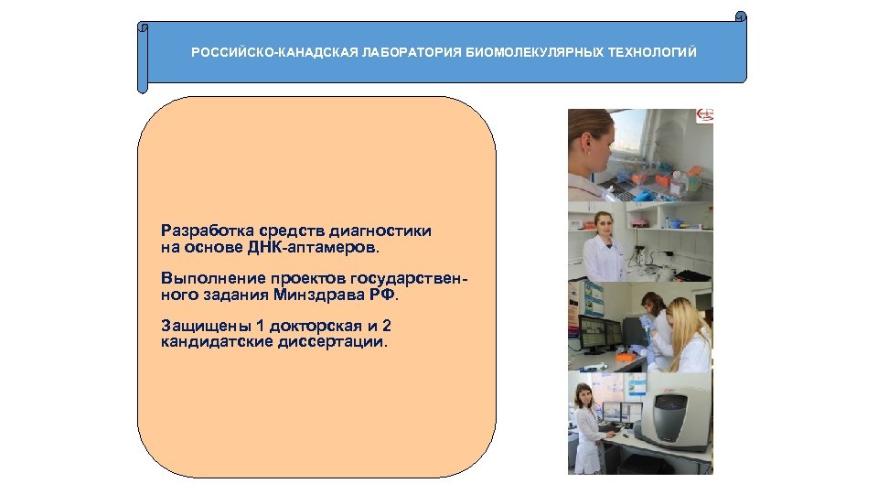 РОССИЙСКО КАНАДСКАЯ ЛАБОРАТОРИЯ БИОМОЛЕКУЛЯРНЫХ ТЕХНОЛОГИЙ Разработка средств диагностики на основе ДНК аптамеров. Выполнение проектов