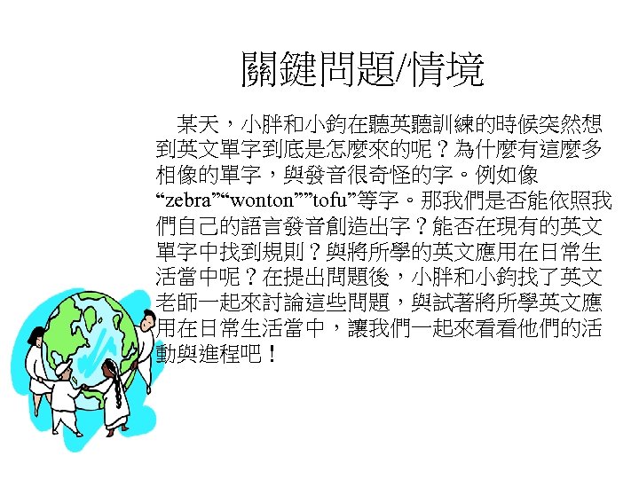 關鍵問題/情境 某天，小胖和小鈞在聽英聽訓練的時候突然想 到英文單字到底是怎麼來的呢？為什麼有這麼多 相像的單字，與發音很奇怪的字。例如像 “zebra”“wonton””tofu”等字。那我們是否能依照我 們自己的語言發音創造出字？能否在現有的英文 單字中找到規則？與將所學的英文應用在日常生 活當中呢？在提出問題後，小胖和小鈞找了英文 老師一起來討論這些問題，與試著將所學英文應 用在日常生活當中，讓我們一起來看看他們的活 動與進程吧！ 