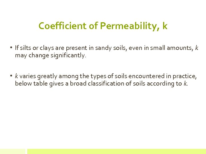 Coefficient of Permeability, k • If silts or clays are present in sandy soils,