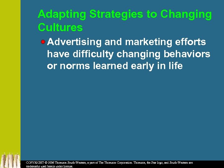 Adapting Strategies to Changing Cultures Advertising and marketing efforts have difficulty changing behaviors or