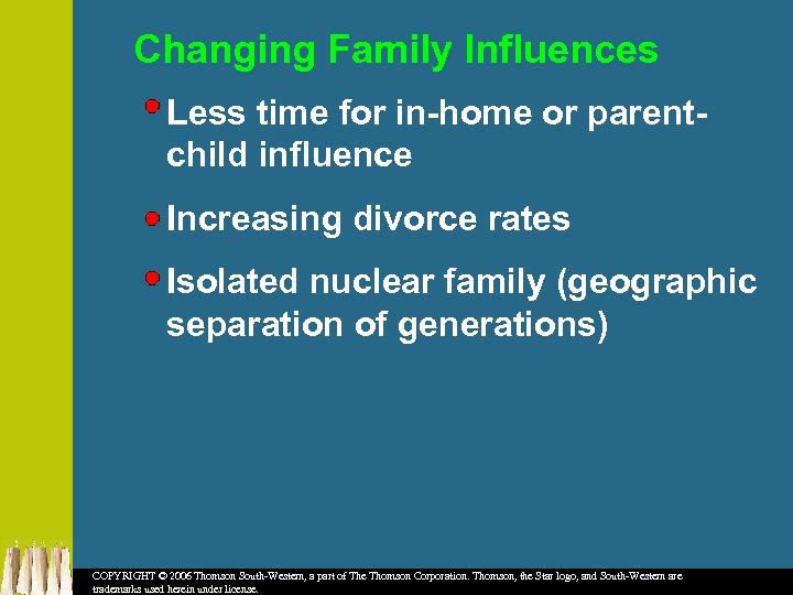 Changing Family Influences Less time for in-home or parentchild influence Increasing divorce rates Isolated