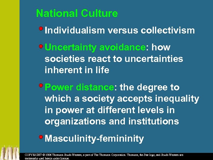 National Culture Individualism versus collectivism Uncertainty avoidance: how societies react to uncertainties inherent in