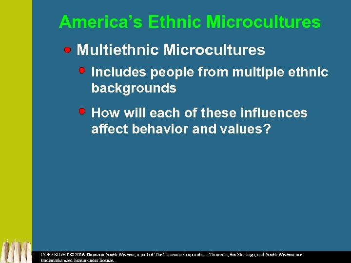 America’s Ethnic Microcultures Multiethnic Microcultures Includes people from multiple ethnic backgrounds How will each