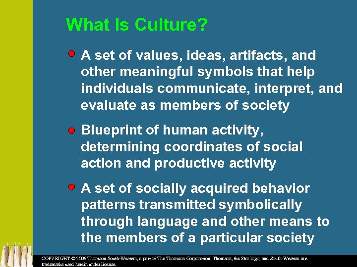 What Is Culture? A set of values, ideas, artifacts, and other meaningful symbols that