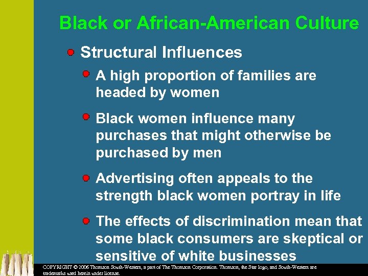 Black or African-American Culture Structural Influences A high proportion of families are headed by