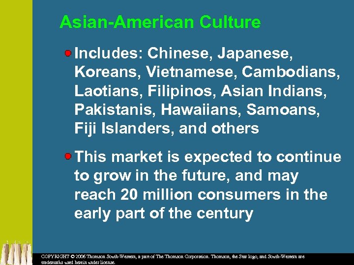 Asian-American Culture Includes: Chinese, Japanese, Koreans, Vietnamese, Cambodians, Laotians, Filipinos, Asian Indians, Pakistanis, Hawaiians,