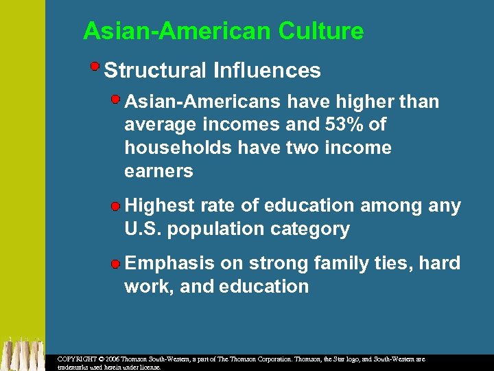 Asian-American Culture Structural Influences Asian-Americans have higher than average incomes and 53% of households