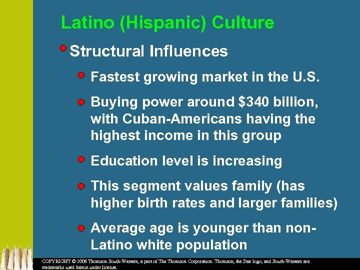 Latino (Hispanic) Culture Structural Influences Fastest growing market in the U. S. Buying power
