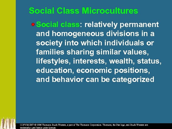 Social Class Microcultures Social class: relatively permanent and homogeneous divisions in a society into