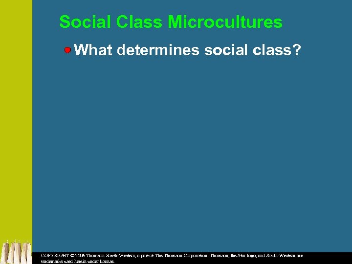 Social Class Microcultures What determines social class? COPYRIGHT © 2006 Thomson South-Western, a part