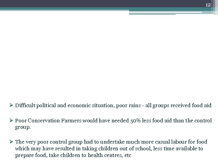 12 Ø Difficult political and economic situation, poor rains - all groups received food