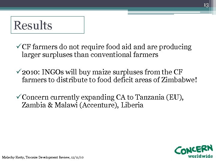 13 Results ü CF farmers do not require food aid and are producing larger