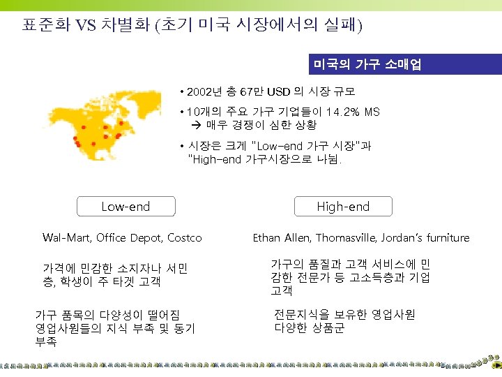 표준화 VS 차별화 (초기 미국 시장에서의 실패) 미국의 가구 소매업 • 2002년 총 67만