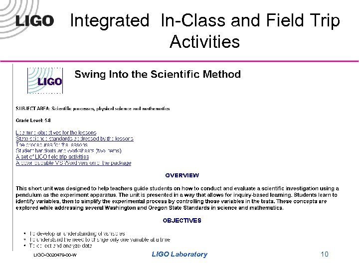 Integrated In-Class and Field Trip Activities LIGO-G 020479 -00 -W LIGO Laboratory 10 