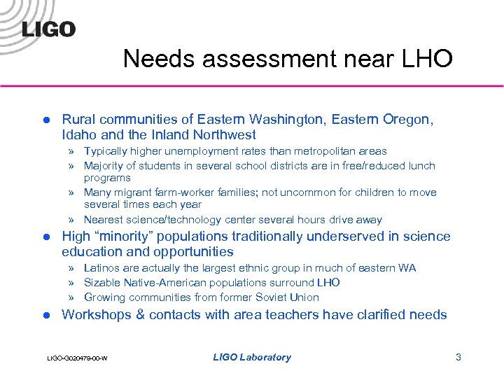 Needs assessment near LHO l Rural communities of Eastern Washington, Eastern Oregon, Idaho and