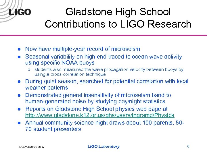 Gladstone High School Contributions to LIGO Research l l Now have multiple-year record of