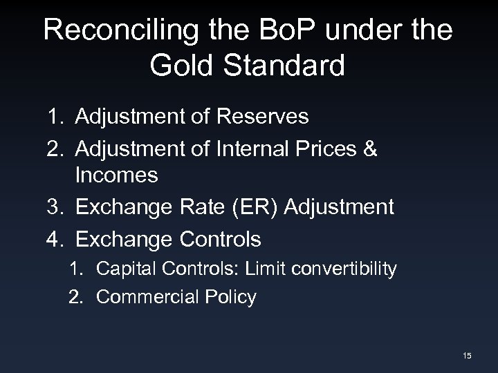 Reconciling the Bo. P under the Gold Standard 1. Adjustment of Reserves 2. Adjustment